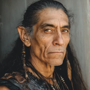 55 year old Native American man with pointy elf ears that is 6’0...