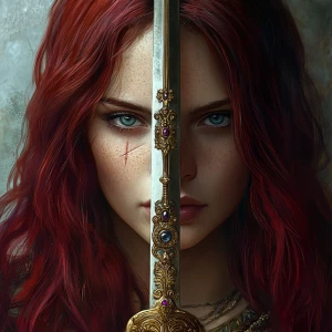 Create a realistic image of a warrior with dark red hair reaching just below the shoulders, piercing blue eyes, and a round face. The warrior should be holding a sword adorned with jewels, capturing only the bust for a detailed close-up.