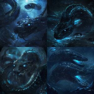 Enormous sea serpents with dark scales, glowing blue eyes, and s...