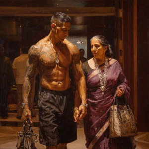 Hyperrealism,sharp painting,A sweaty tattoed muscular man walki...
