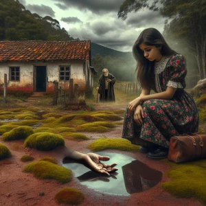 A sad girl is squatting on the ground in front of a heart-shaped...