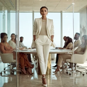 A powerful Black woman standing at the head of a modern, glass-w...