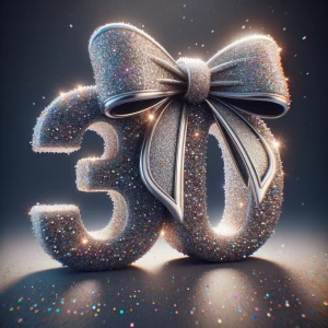 Number 30 wrapped in a glitter bow in 3-D