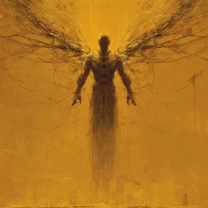 This striking image depicts a powerful, winged figure against a...