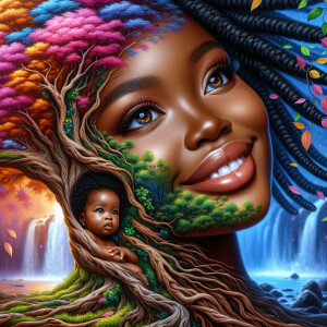 Create a close-up, hyper-realistic 3-D oil painting of a tree wi...