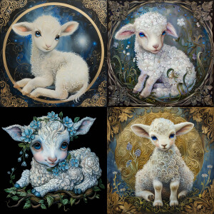 magical and mystical full body baby lamb with blue eyes done in...
