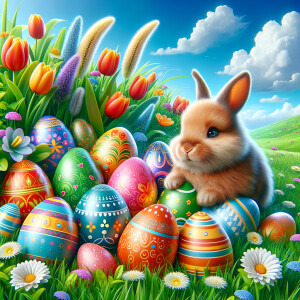 Create some ultra photorealistic images inspiring Easter, include some eggs and bunny , vivid colors, 9:16