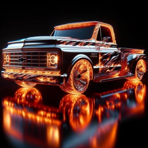 A futuristic C10 Chevrolet truck sleekly shaped from fire . The...