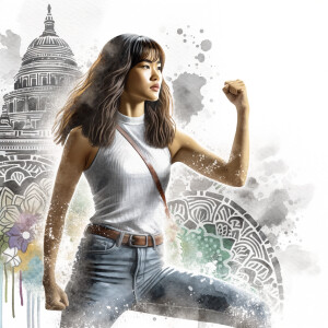 Athletic Thin skinny Attractive, Asian teenage girl, long brown hair and bangs, wearing tight skinny jeans and a halter top paint marks on her clothing, heroic pose Asian graffiti background, side view