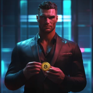ultra-muscular man in a sleek black suit holding a golden bitcoi...