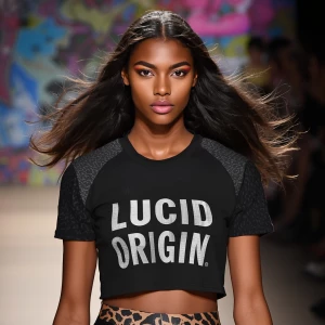 A Black female model wearing a stylish top with the phrase "Luci...