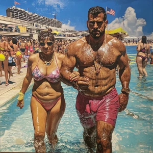 Photorealism,a muscular beefy criminal man walking with his swea...