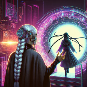 A girl with long white hair and two braided braids, black boots...