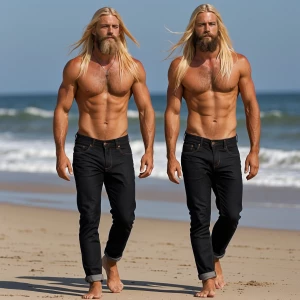 Two shirtless men with long blonde hair and beards, wearing black jeans and walking barefoot on a sandy beach.