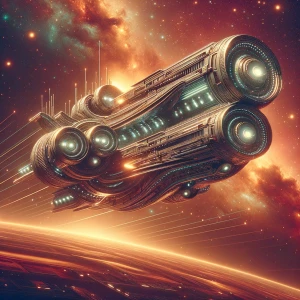 A mesmerizing synthwave interstellar ship floats through a cosmi...
