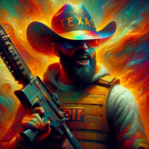 Sinister Mexican American rapper wearing a hat that says "TEXAS"...