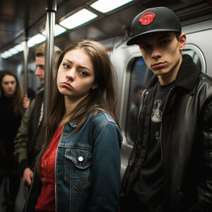 Ultra realistic teen annoyed at camera man on subway