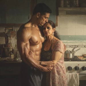 Hyperrealism painting.a muscular sweaty indian man standing be...