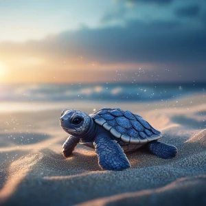 A photorealistic baby sea turtle crawling on soft sand at sunris...