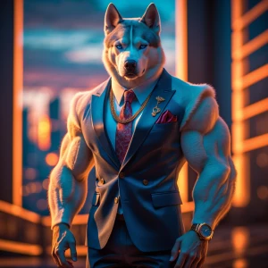 A hyperrealistic, cinematic shot of a Man-Husky hybrid, muscular...