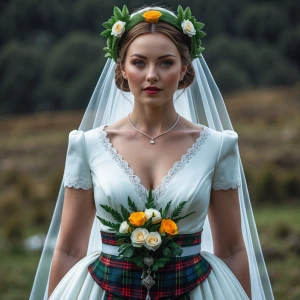 hyper realistic photography, look to the front, a Scottish bride...