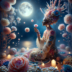 "Create an image of a majestic light skin Hawaiian woman whose f...