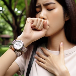 Coughing girl wearing a watch