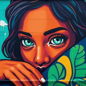 Design a 3D street art mural in a graffiti style, depicting a wo...