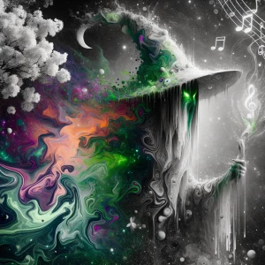 White flowering tree. music notes, glitch, oozing cosmic oily li...