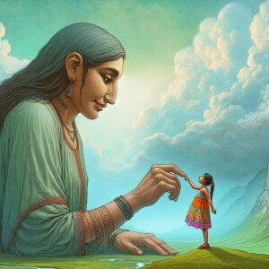 Giant woman linking a tiny girl