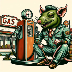A  green rat fink in a 1950s gas attendant uniform leaning again...