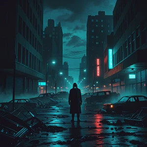 Visualize a dystopian cityscape cloaked in the eerie silence of...