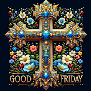 Create an image of a majestic cross, larger in size, with a harm...