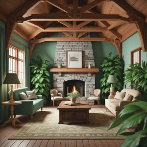 A cottage-inspired living room with wood-beamed ceilings, a ston...