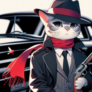 cat in funeral clothes, fedora hat, red scarf in pocket, Remingt...