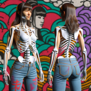 Athletic Thin skinny Attractive, Asian teenage girl, long brown hair and bangs, wearing tight skinny jeans and a halter top paint marks on her clothing, heroic pose Asian graffiti background, backside view