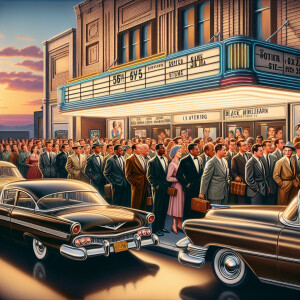 A scene of a 1950s theater with cars, parked out front and peopl...
