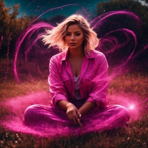 Illustrate a powerful image of a woman seated in the grass, radi...