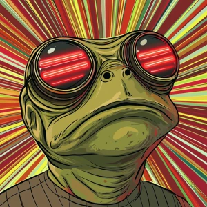 PEPE MEME with red lasers from eyes eyes, blank stare, in the st...