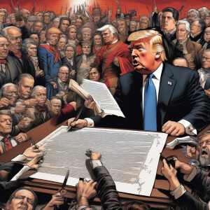 Create an image depicting Donald Trump autographing the Declarat...