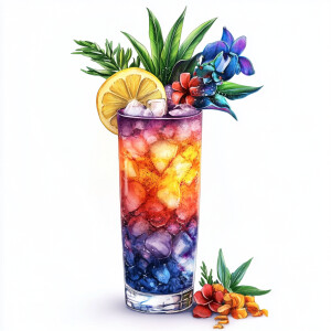 Create an image of a tall, vivid tropical cocktail, complete wit...