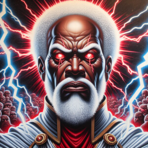 Black Jesus Christ.  White Afro. White beard.  Red eyes.  Angry....