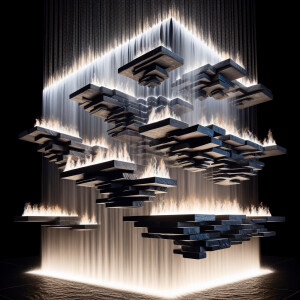 Black slate stone, floating waterfall connected through stainles...