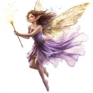 A young fairy flying with a golden wand in her hand. Her clothin...