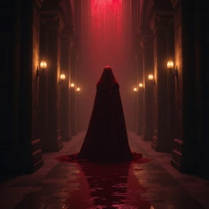 “Queen Ruby stands regally in the dimly lit hallway, shrouded in...