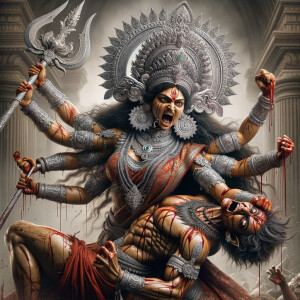 portrait of angry looking goddess durga  carrying a weak mahishasur in her two arms and stabbing him with her amazingly designed trident. She is wearing a huge silver crown, red saree, abundant silver jewelry, covered in blood. The scene is set in ancient India. The image is 8K resolution, cinematic, ultra detailed face and epic.