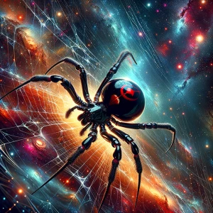 Create an image of a black widow spider, emphasizing its glossy...