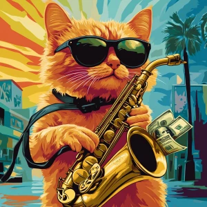 A fluffy orange cat wearing black sunglasses, playing a golden s...