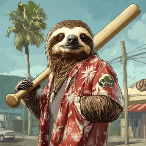 Sloths slerf meme..80's clothing holding a baseball bat, in GTA...