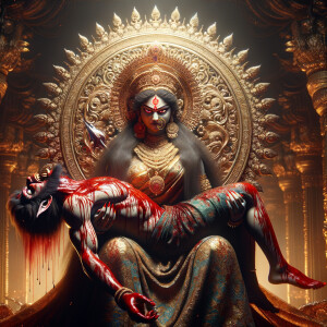 portrait of angry looking goddess durga sitting on a gold crown...